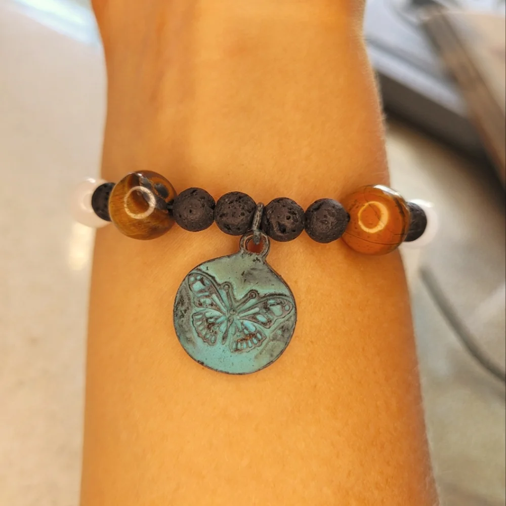🖤3/$50 Rose Quartz and Tiger's Eye Stone Lava Bead Butterfly Bracelet - Picture 4 of 6